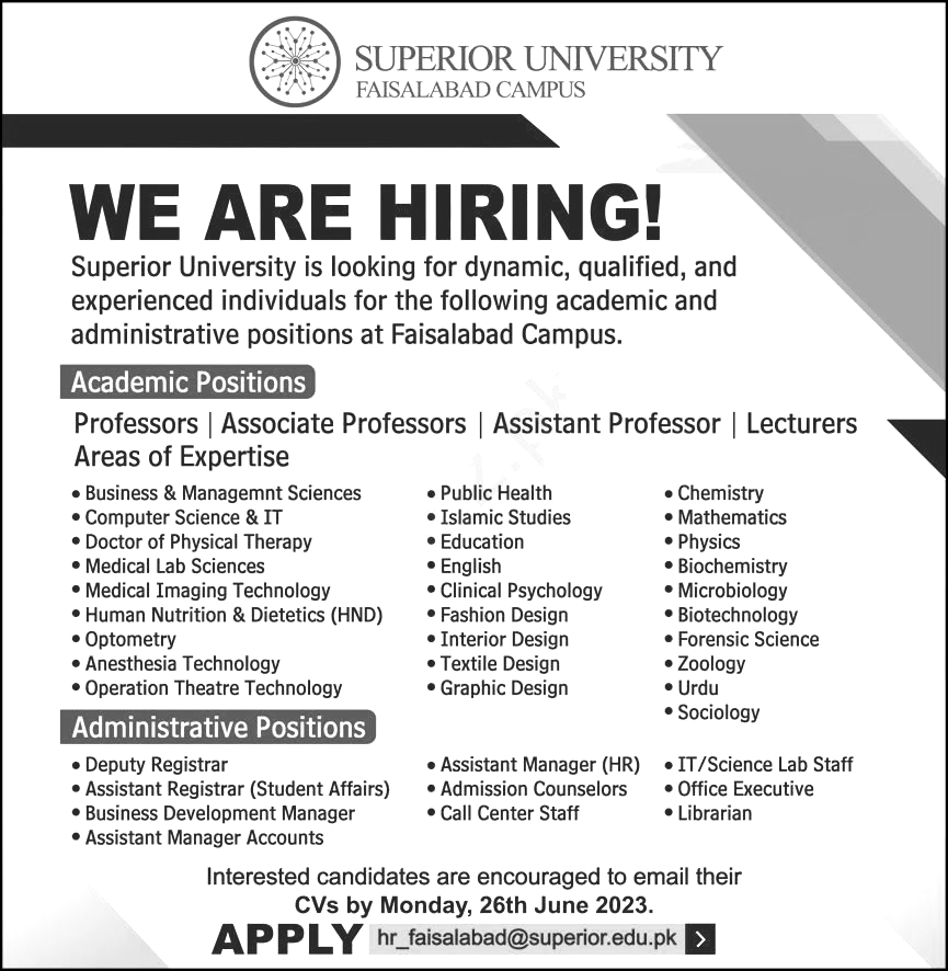 Latest Superior University Faisalabad Campus Jobs June 2023