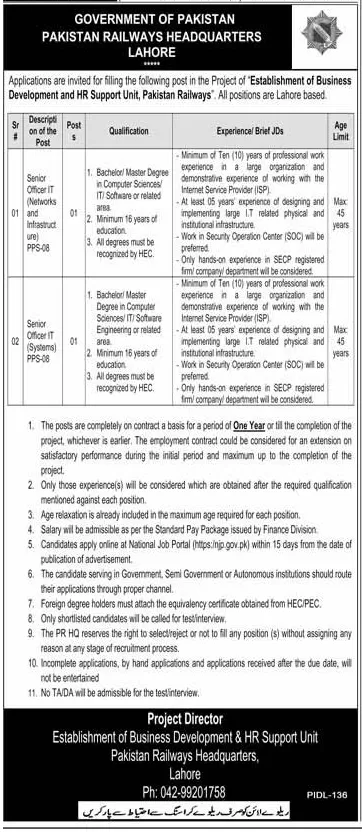 Latest Pakistan Railways Headquarter Vacancies July