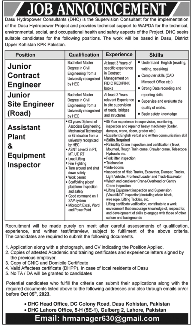 Dasu Hydro power Latest Govt Jobs In Pakistan Today