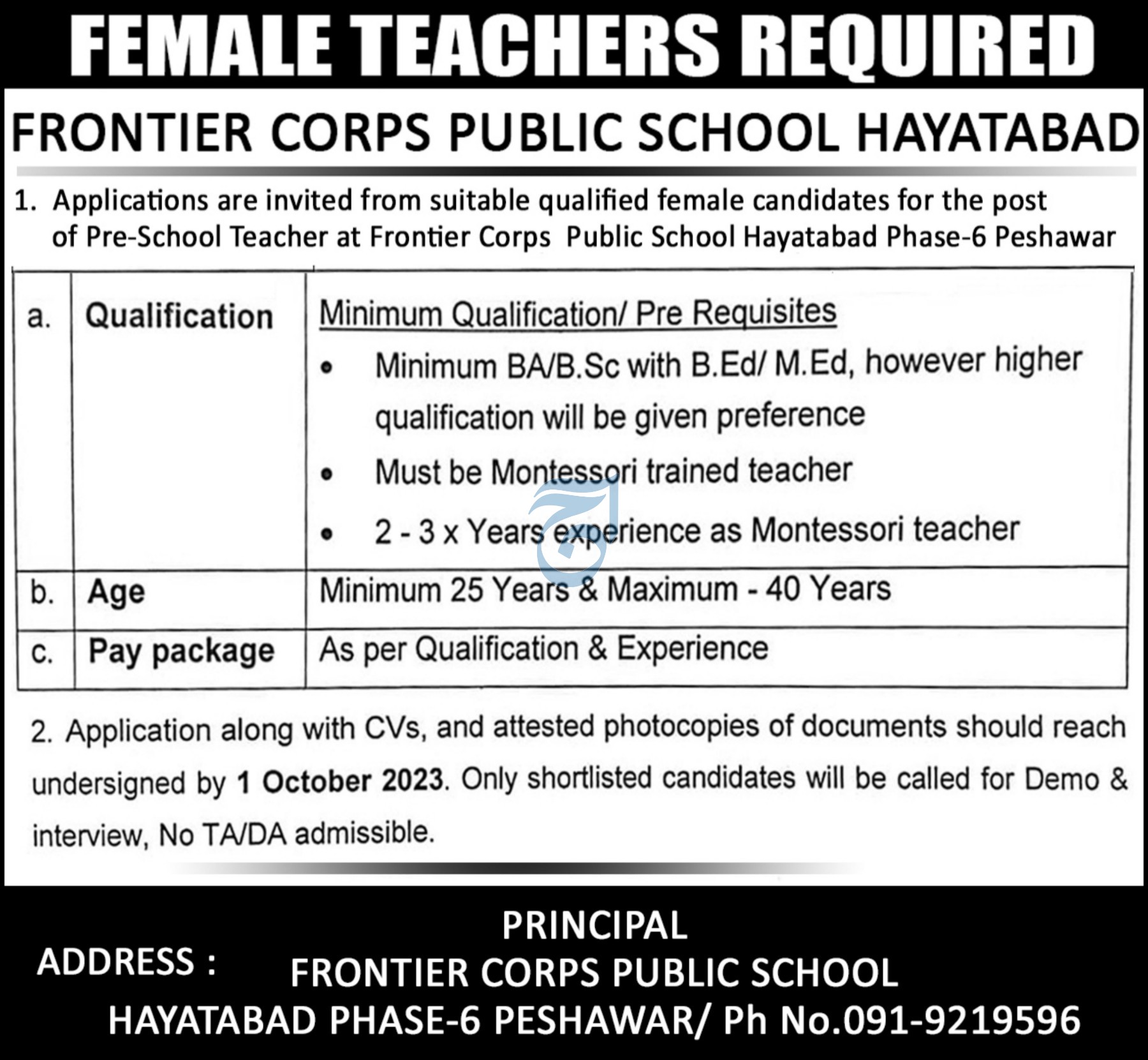 Govt Teaching Jobs In KPK Peshawar At FC Public School Frontier Corps