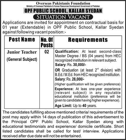 OPF Public School Job Opportunity At Rawalpindi