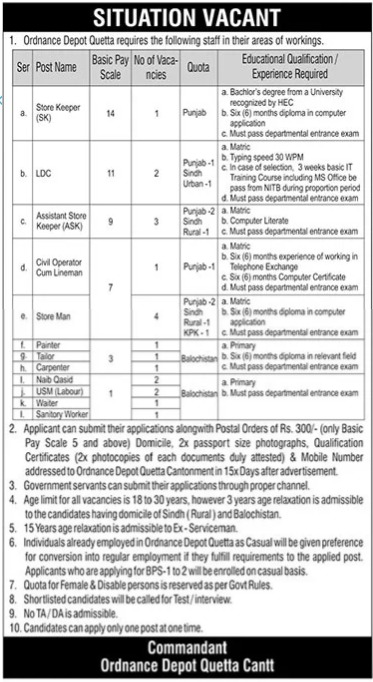 Govt Jobs In Quetta Today 2023 At Ordnance Depot