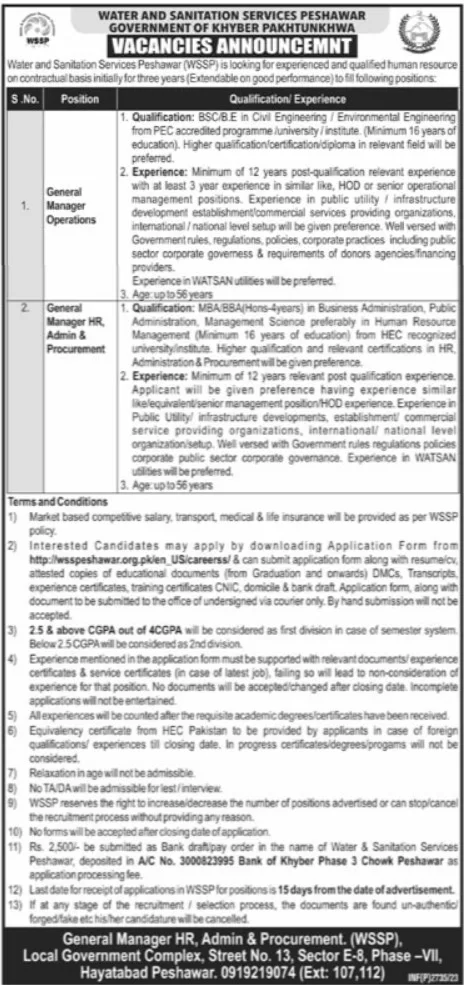 Govt Jobs Peshawar Today 2023 At Water And Sanitation Services